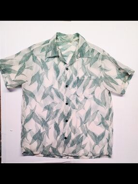 Sheer Nylon Ruffle Texture Vintage Camp Button-Down Shirt - Green Leaf Print